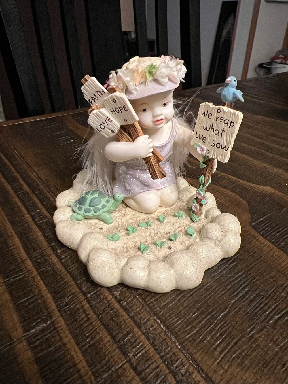 Garden Girl Figurine in Pastel Lavender with Turtle and Sign